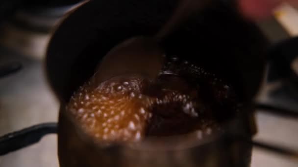 Ground Aromatic Coffee Boils Metal Cezve — Stock Video