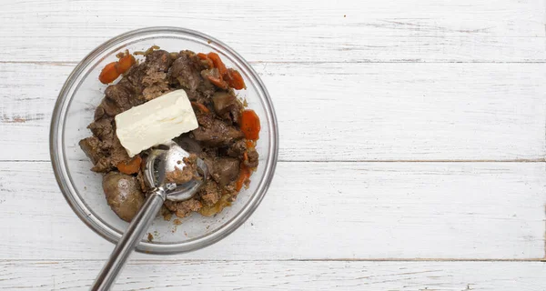 Fried chicken liver, carrots, onions, butter. Preparation of the pate. Grinding the ingredients with a blender. Recipe. Banner. Place for text.