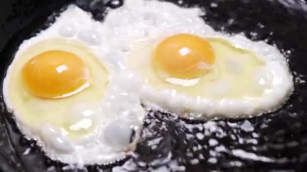 Chicken Eggs Fried Pan Oil Temperature High Oil Bubbling — Stock Video