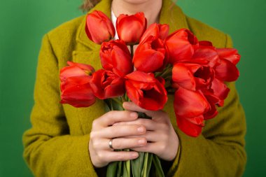 Kırmızı lale buketi, yeşil arka planda kadın ellerinde. Hediye, tatil, anneler günü konsepti.