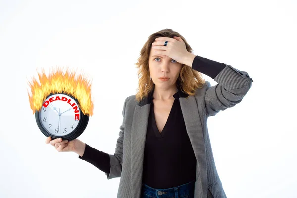 Deadline Procrastination Shocked Woman Holds Burning Clock Isolated White Background — Stock Photo, Image