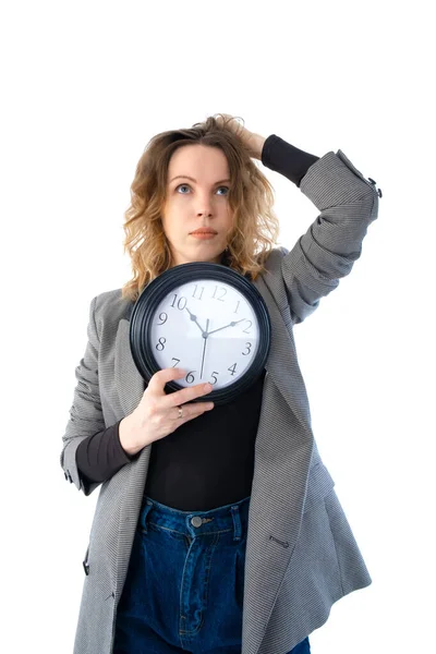 Woman Holds Watch Her Stomach Pregnancy Menstruation Biological Clock Concept — Stock Photo, Image