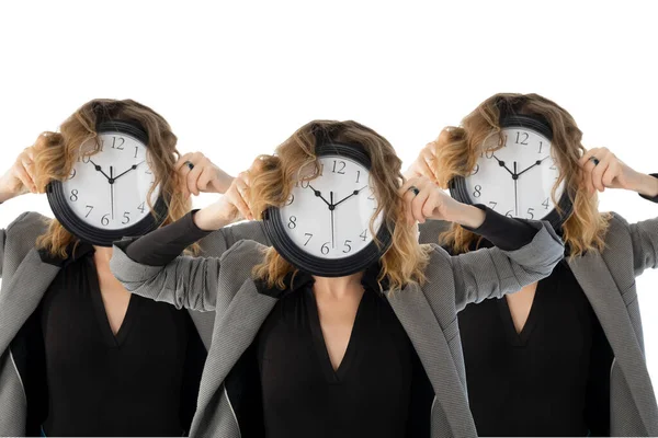 Deadline Procrastination Lack Time Concept Several Identical Women Hold Watch — Stock Photo, Image