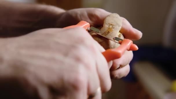 Descascar Batatas Com Descascador Homem Prepara Batatas Para Cozinhar — Vídeo de Stock