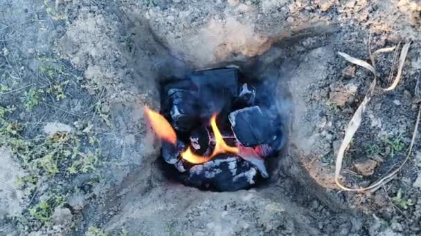 Batubara Barbekyu Terbakar Tanah Mempersiapkan Diri Untuk Persiapan Makanan Pada — Stok Video