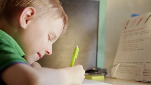 Enseñanza Distancia Niño Colegial Hace Tarea Cuaderno Delante Libro Texto — Vídeos de Stock