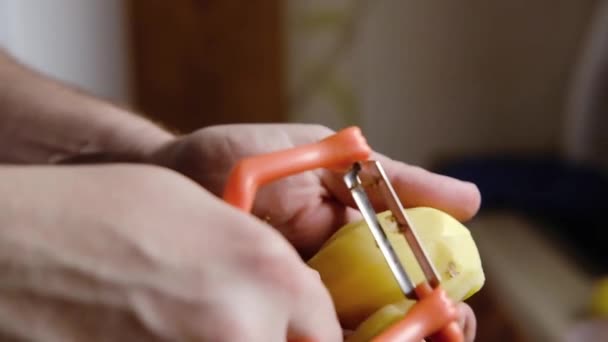 Burgonyát Hámozni Egy Hámozóval Egy Férfi Krumplit Készít Főzéshez — Stock videók