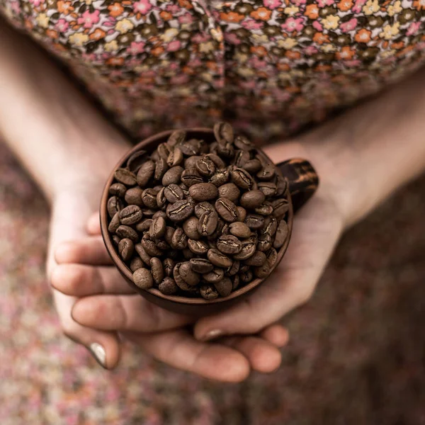 Coffee Beans Cup Female Hands Brown Background — Stock Photo, Image