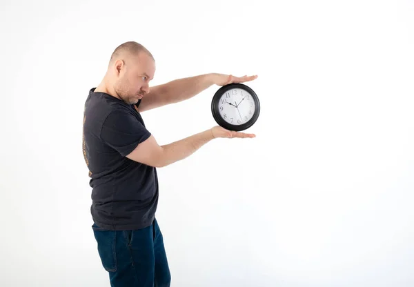 Deadline Concept Man Shirt Holds Large Clock Isolated White Background — Foto de Stock