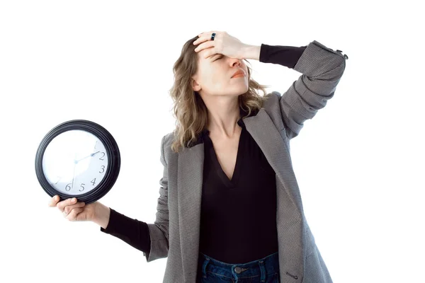 Woman Clutched Her Head Shock While Holding Large Watch Isolated — Stock Photo, Image