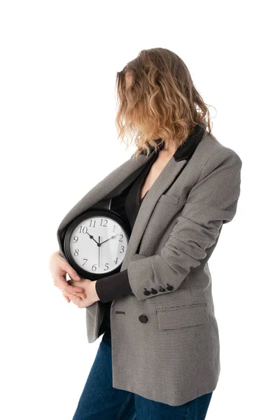 Woman Holds Watch Her Stomach Pregnancy Menstruation Biological Clock Concept — Stock Photo, Image