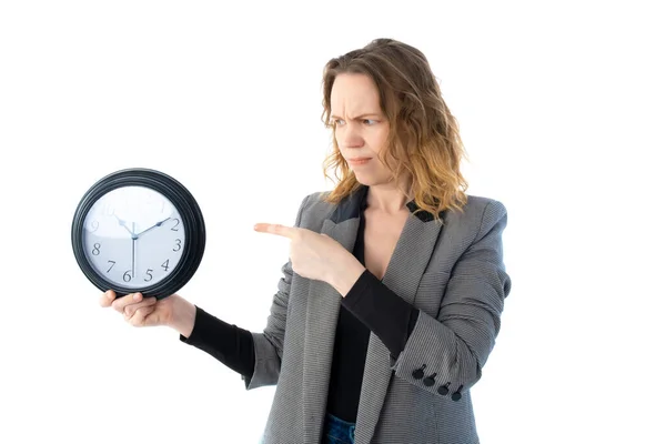 Deadline Concept Middle Aged Woman Displeased Puzzled Look Holds Large — Stock Photo, Image
