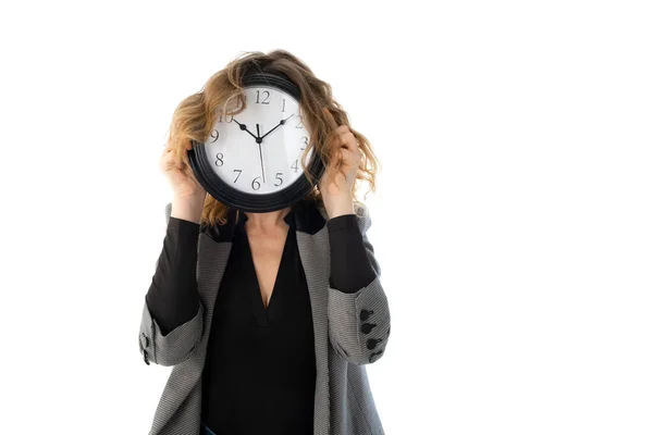 Woman Holds Watch Front Her Face Isolated White Deadline Procrastination — Stock Photo, Image