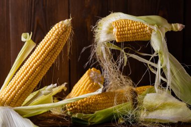 Mısır havalanması. Koyu ahşap arka planda taze çiğ mısır koçanları havada uçuşuyor. Vejetaryenlik, sağlıklı gıda konsepti..