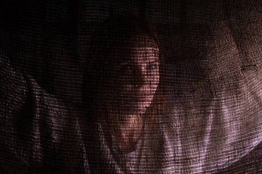 İsimsiz, bir kadının gizli görüntüsü. Kumaşın arkasında karanlıkta bir kadın..