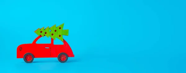 Neues Jahr Weihnachtskonzept Rotes Auto Mit Einem Weihnachtsbaum Auf Dem — Stockfoto