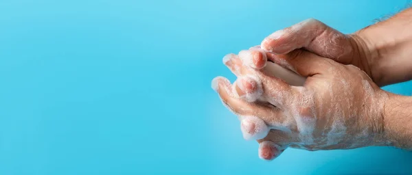 Global Handwashing Day Personal Hygiene Concept Banner Man Hand Foam — Stock Photo, Image