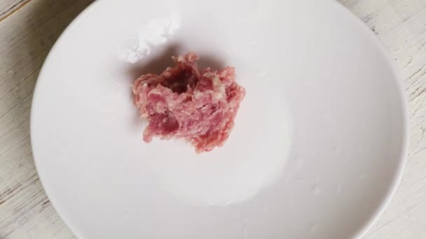 Carne Macinata Cruda Mano Uomo Mette Carne Macinata Piatto Bianco — Video Stock