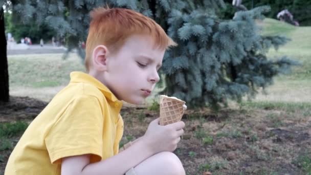 Młody Chłopiec Jedzący Lody Kubku Ulicy Latem — Wideo stockowe