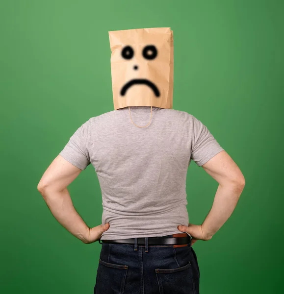 Depresión Masculina Concepto Insatisfacción Hombre Con Paquete Cabeza Con Una — Foto de Stock