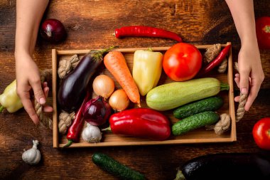 Bir kadın farklı sebzelerle dolu bir tepsiyi ahşap bir arka planda tutar. Bitkisel hayat, geçmiş, vejetaryenlik konsepti.