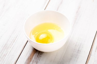 Beyaz ahşap arka planda, tabakta çiğ yumurta..