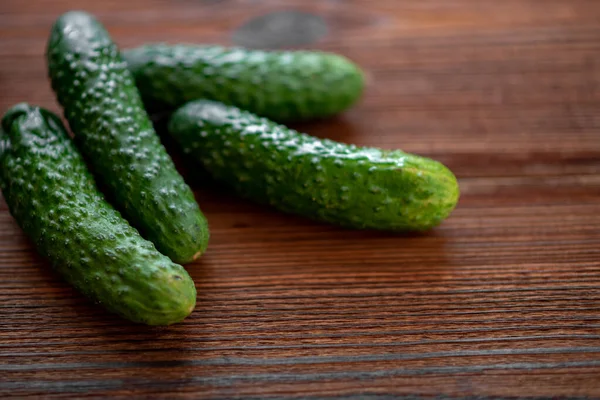 stock image Fresh cucumbers on a dark wooden background.