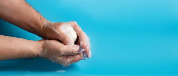 Global Handwashing Day Koncept Osobní Hygieny Banner Mužská Ruka Pěně — Stock fotografie