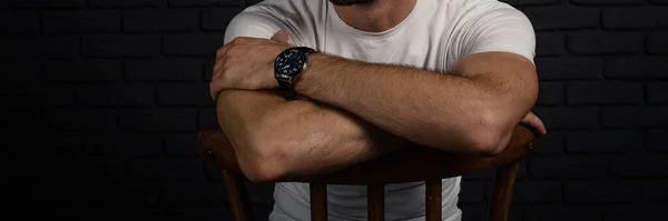 Unrecognizable Man White Shirt Watch His Arm Sits Chair — Stock Photo, Image