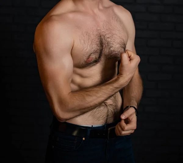 Naked Torso Hair Ordinary Man Good Physical Shape Jeans Dark — Stock Photo, Image