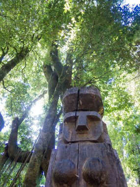 Huilo Huilo Biyolojik Rezervi 'nin ortasındaki ahşap heykel Güney Şili' den geri çekilen hayvanlar ve Mapuche mistik karakterleri. Los Rios Bölgesi, Şili. Ilıman Nemli Orman