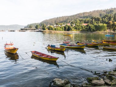 Corral, Valdivia, Şili, 14 Ocak 2018: Küçük balıkçı tekneleri, Valdivia Nehri kıyısında, Corral kasabasında. Şili, dünyada çıkarıcı balıkçılıkta bir güçtür. Güney Şili.