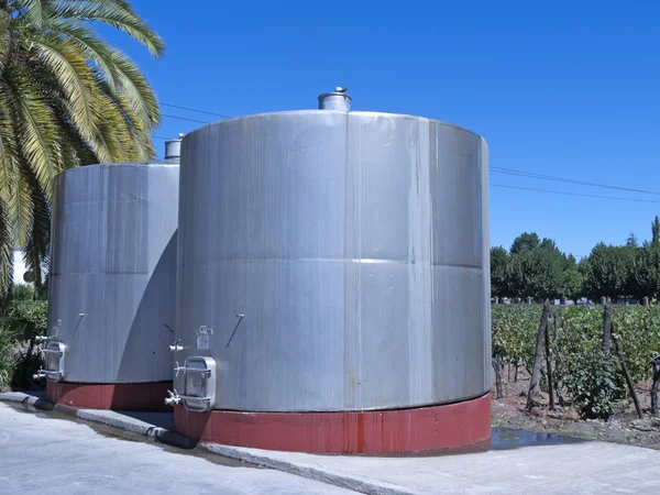 Some wine metallic fermentation tanks — Stock Photo, Image