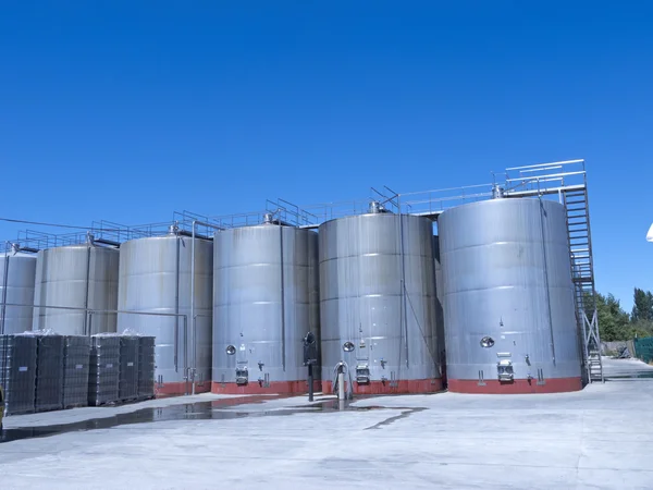 Some wine metallic fermentation tanks — Stock Photo, Image