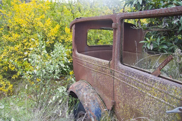 Oude auto, verlaten in het bos — Stockfoto