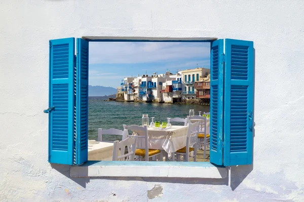 Panoramic view of little Venice on Mykonos Island, Greece — Stock Photo, Image