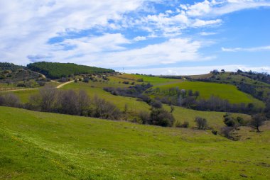 fantastik backgro bulutlarda, yeşil çim alan yatay