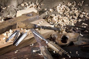 İşyeri marangoz. Tahta ve bir kaç araç