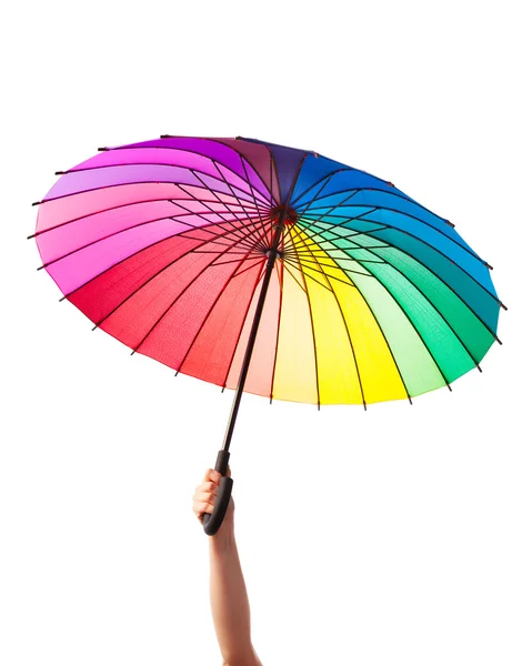 Hand holding multicolored umbrella, isolated on white — Stock Photo, Image