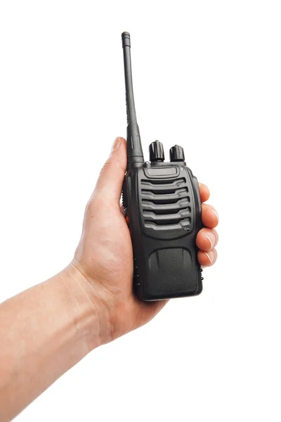 Φορητό ραδιόφωνο Walkie-talkie στο χέρι, που απομονώνονται σε λευκό — Φωτογραφία Αρχείου
