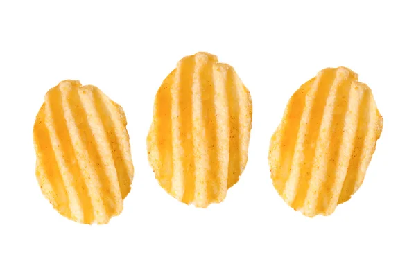 Three rippled potato chips on white — Stock Photo, Image