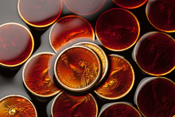 Dollar coins in the crude oil - barrel price concept — Stock Photo, Image