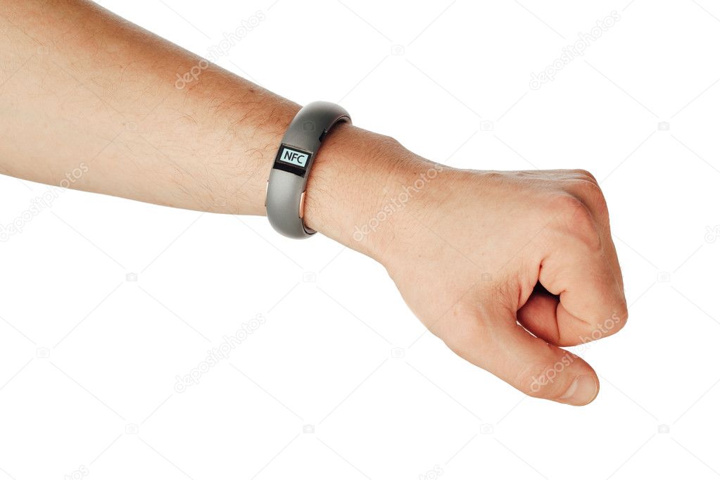 nfc wristband on hand, isolated on white