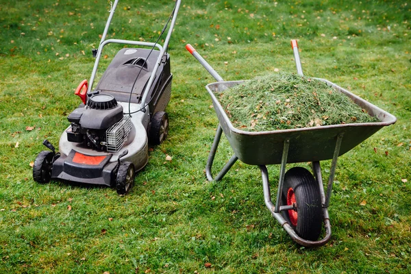 Carriola con erba e tosaerba su prato verde — Foto Stock