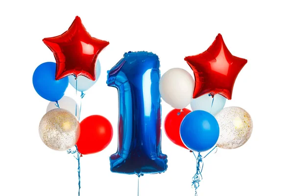 Pacote Balões Primeiro Aniversário Balão Azul Número Isolado Branco — Fotografia de Stock