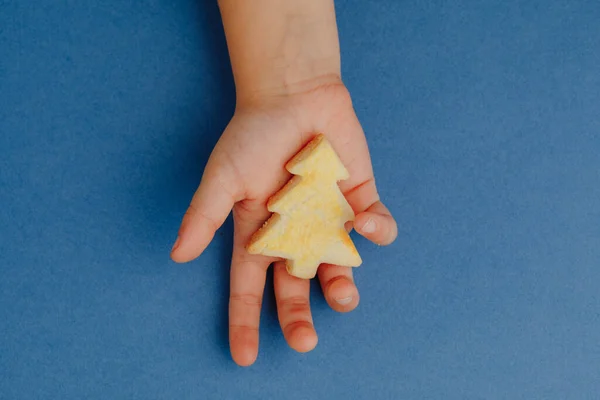 Niño Sosteniendo Una Galleta Árbol Navidad Mano Fondo Papel Azul — Foto de Stock