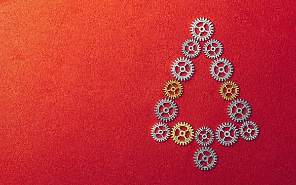 Engranajes Del Árbol Navidad Sobre Fondo Rojo Texturizado Con Espacio — Foto de Stock