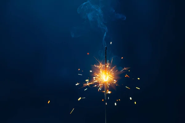 Shiny Fire Sparkler Dark Blue Background — Stock Photo, Image