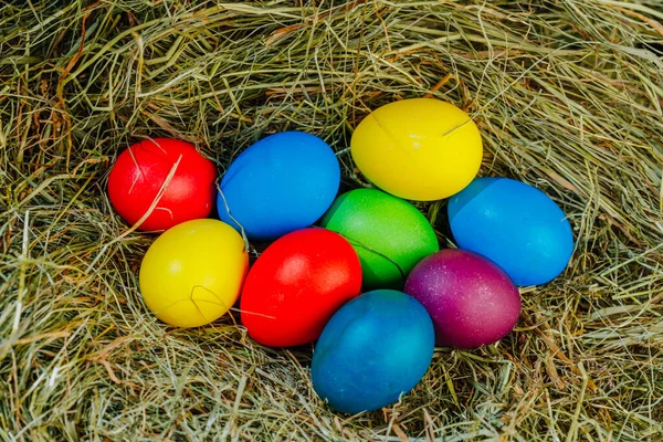 多彩的复活节彩蛋 放在干草干草中 — 图库照片