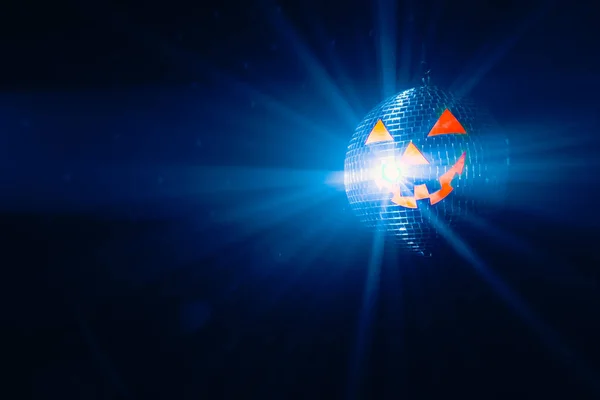 Halloween Party Pumpkin Disco Ball Jack Lantern Shiny Blue Rays — Stock Photo, Image